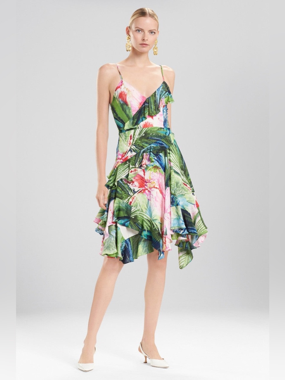 Josie Natori Sunset Palms Ruffle Slip Dress Summer Cocktail Resort Dress Sz 8